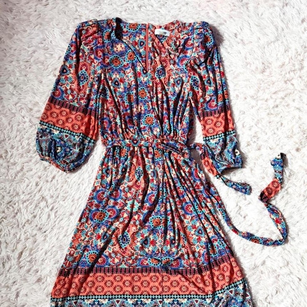 Boho Hippie Paisley Indie Geometric Puff Sleeve Shoulder Pad Dress Womens 6 Glam